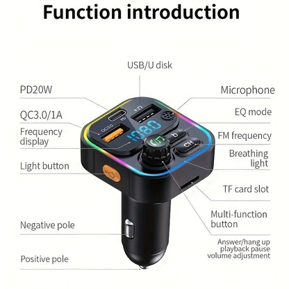 Bluetooth 5.3 FM Transmitter for Car, Hands-Free Calling, 20W USB-C PD and QC3.0 Fast Charging, USB Music Playback, Ambient Light