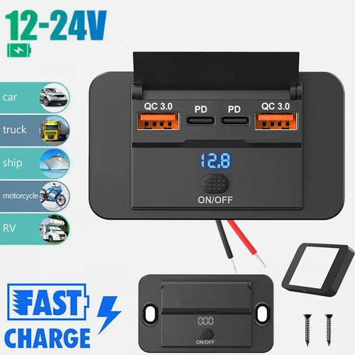 12V/24V USB Charger Socket Panel with Switch, Surface Mount Car Outlet with USB-C PD and QC3.0 Ports, for Cars, RVs, Boats and Trucks