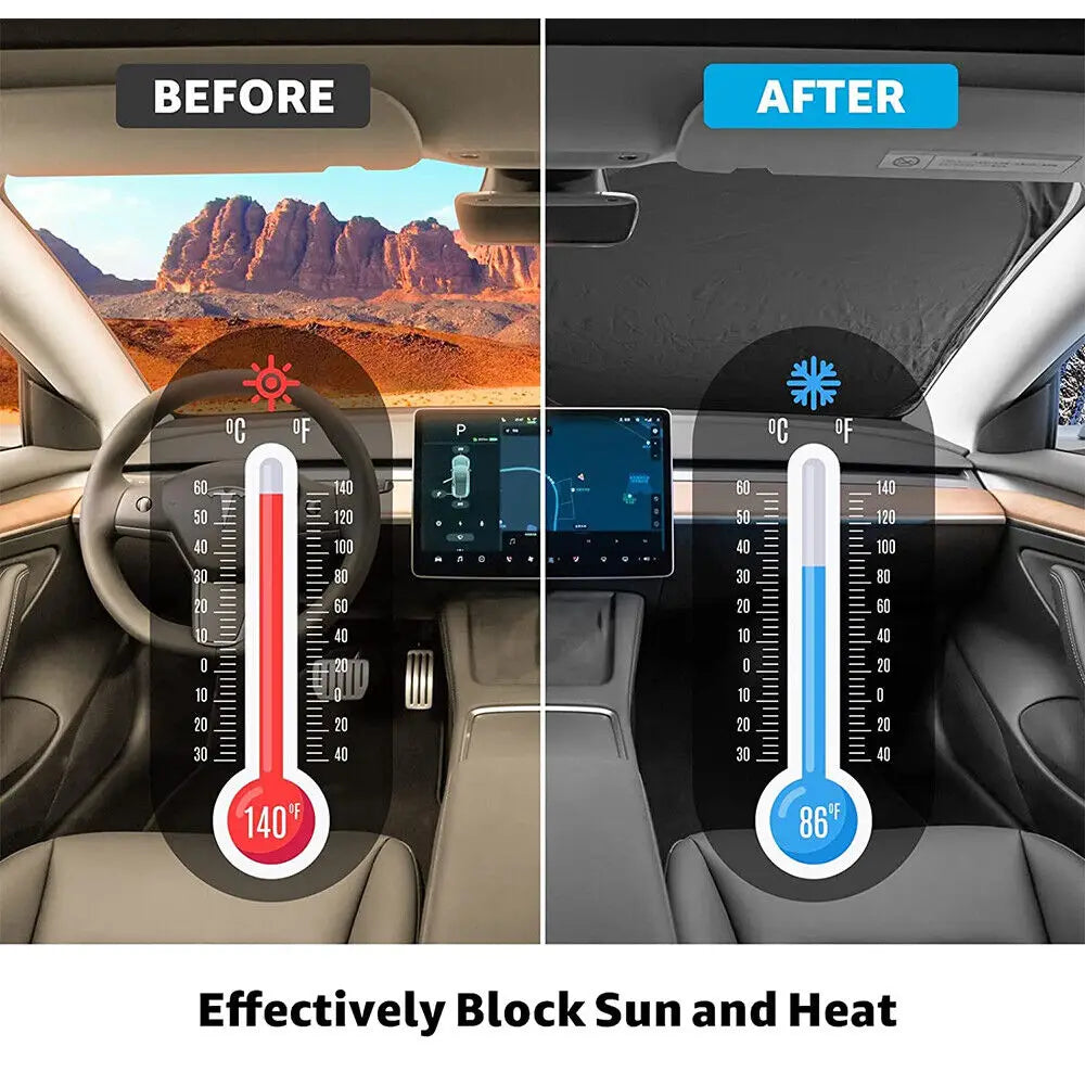 Windshield Sun Shade for Tesla Model Y 2020-2025 and Model 3 2017-2025, Foldable Polyester Front Shade, One Size