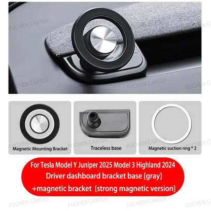 Round Magnetic Phone Mount for Tesla Model Y Juniper 2025 and Model 3 Highland 2024-2025, Snap-On ABS Holder, Rotates 360 Degrees