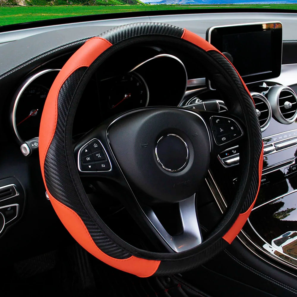 Orange and black steering wheel cover