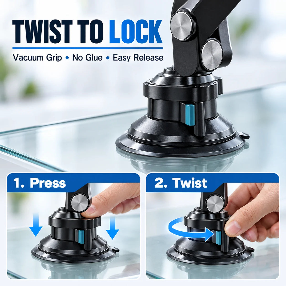 Press and twist to lock the suction base of the phone mount