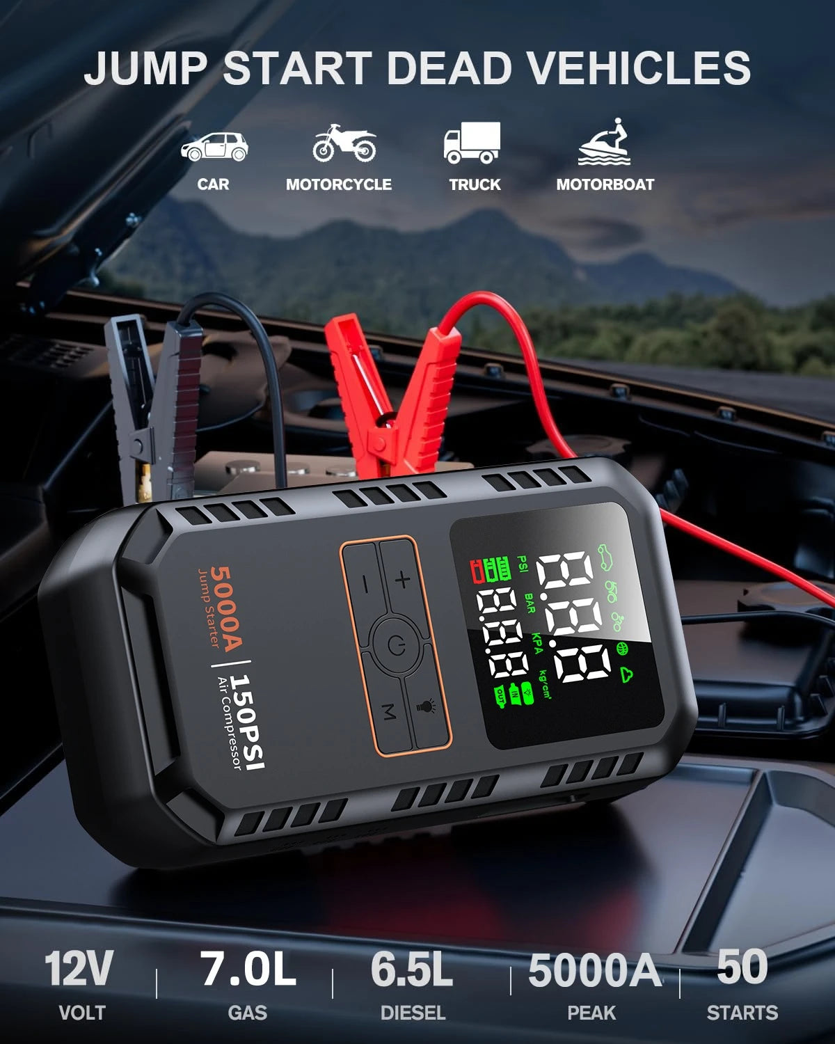 4-in-1 Car Jump Starter and 150 PSI Tire Inflator with 2.4 in Display, Power Bank and LED Flashlight, 12V, 12000 or 16000mAh