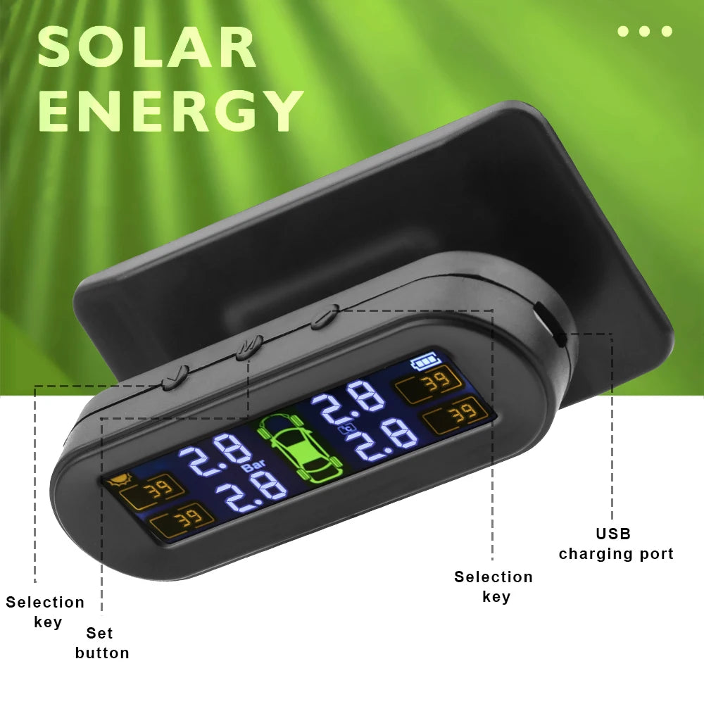 Solar Tire Pressure Monitoring System, Wireless TPMS with 4 External Sensors, Real-Time Pressure and Temperature, PSI or Bar, 15 Styles