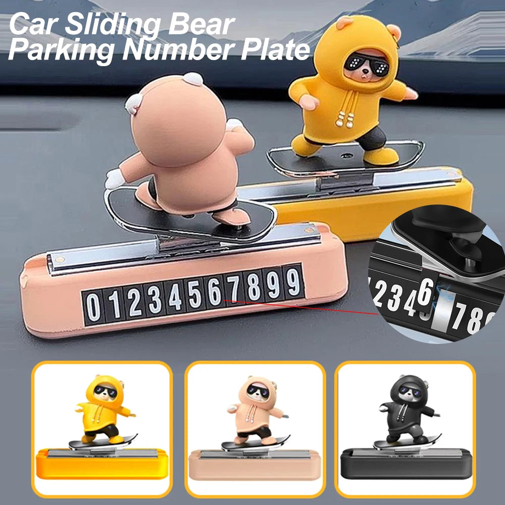 Skateboarding Bear Dashboard Ornament, Sliding Bear Car Decoration with Optional Magnetic Phone Number Plate, 5 Colors