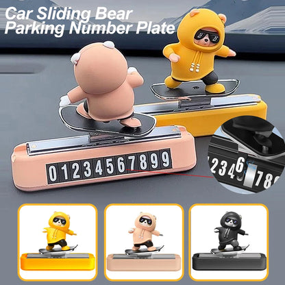 Skateboarding Bear Dashboard Ornament, Sliding Bear Car Decoration with Optional Magnetic Phone Number Plate, 5 Colors