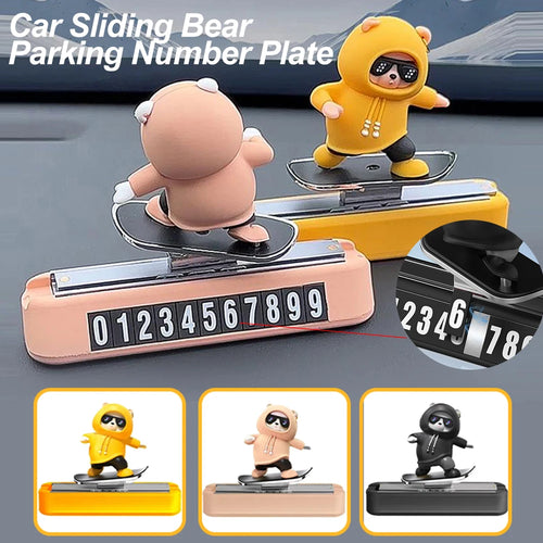 Skateboarding Bear Dashboard Ornament, Sliding Bear Car Decoration with Optional Magnetic Phone Number Plate, 5 Colors