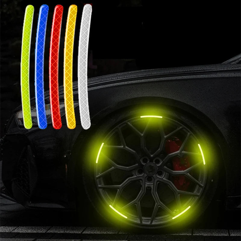 Reflective rim strips in five colors on a car wheel at night