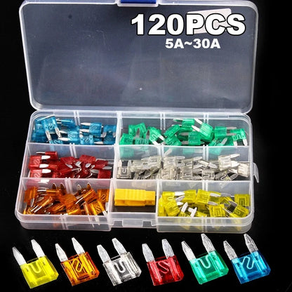 120-piece car fuse kit, 5A to 30A, in a clear storage box