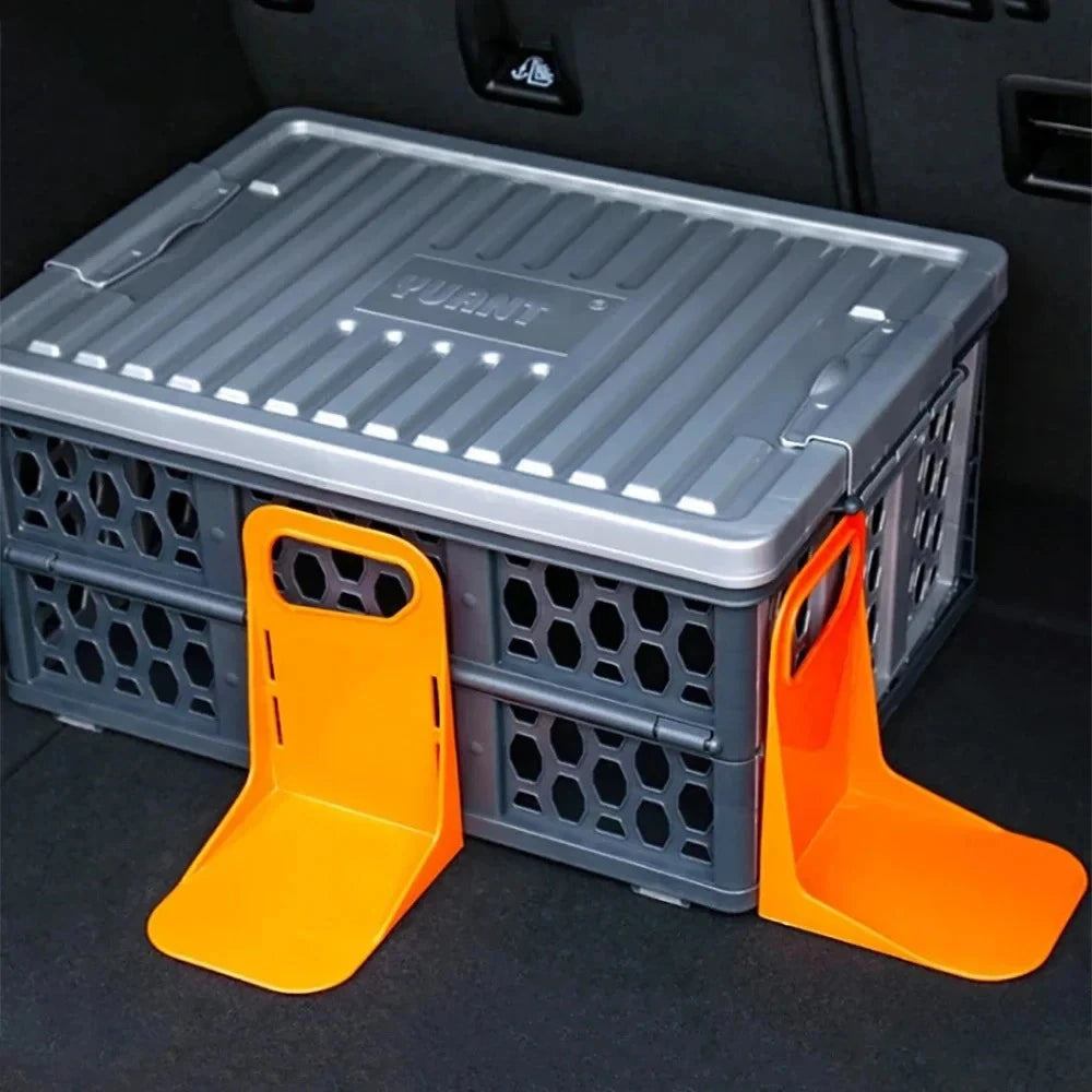 Holder keeping a storage crate from sliding in the trunk