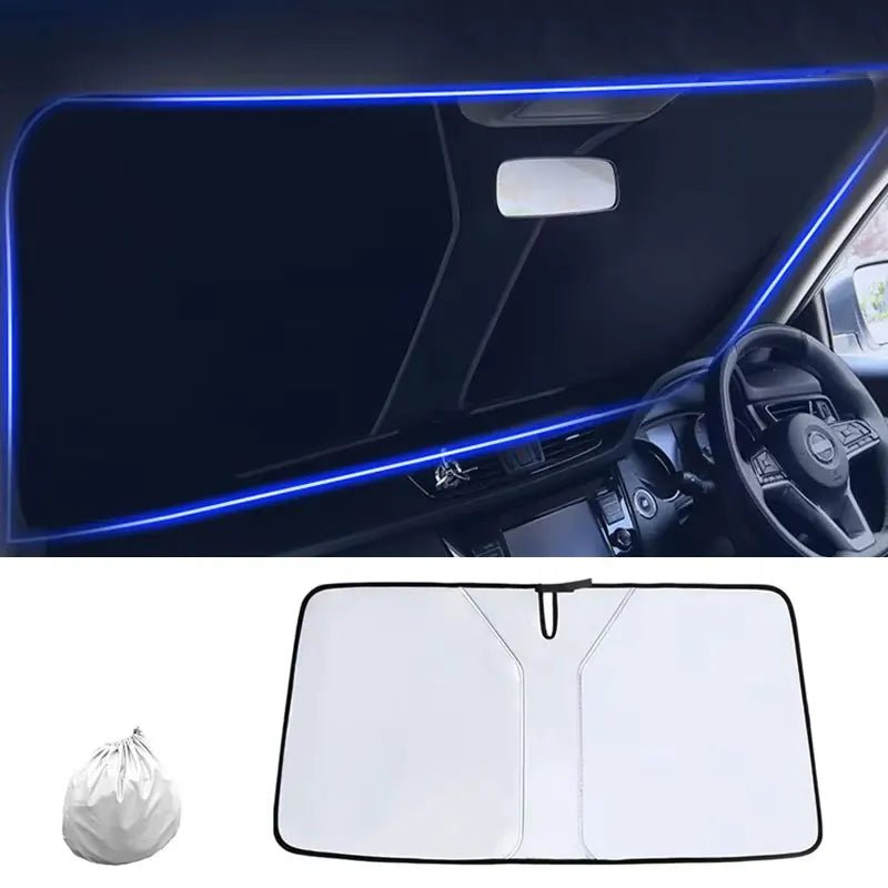 Windshield sun shade installed inside a car, with the unfolded shade and storage bag shown below