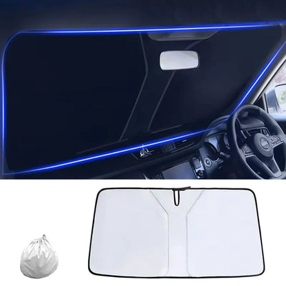 Windshield sun shade installed inside a car, with the unfolded shade and storage bag shown below