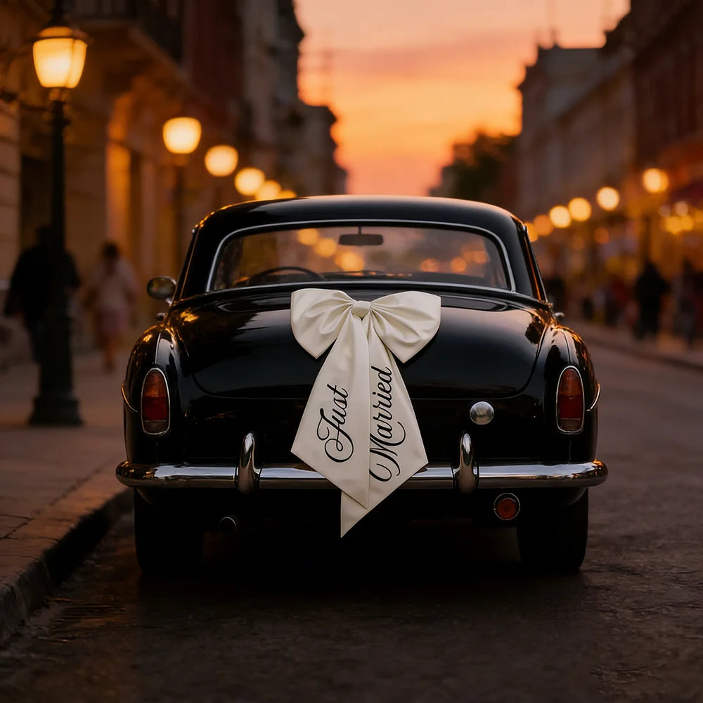 Just Married Car Bow, Large 24 x 39 in Ribbon Bow for the Wedding Car, Engagement, Bridal Shower and Wedding Photo Props