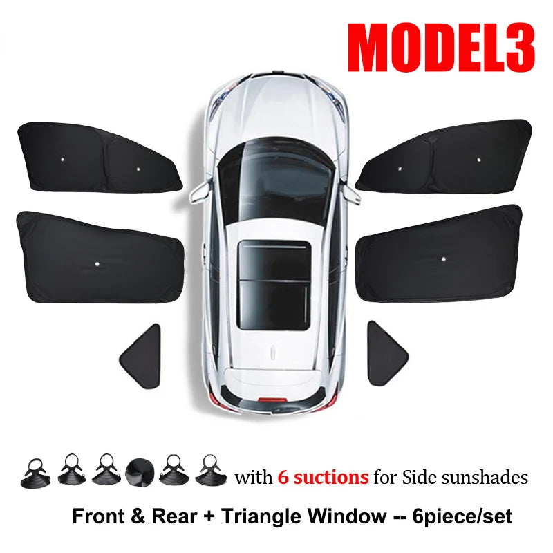 Privacy Window Shade Set for Tesla Model 3 and Model Y 2021-2026, Suction Cup Side Shades, Front and Rear Windshield Shades, 1 to 8 Pieces