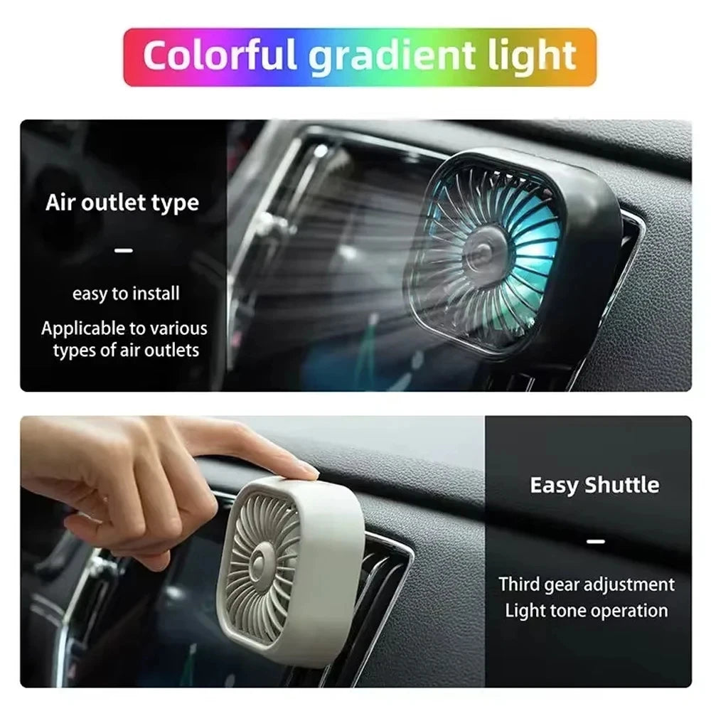 Mini Air Vent Car Fan with Colorful LED Lights, 3 Speed USB Cooling Fan with Soft Rubber Vent Clip, Black or White