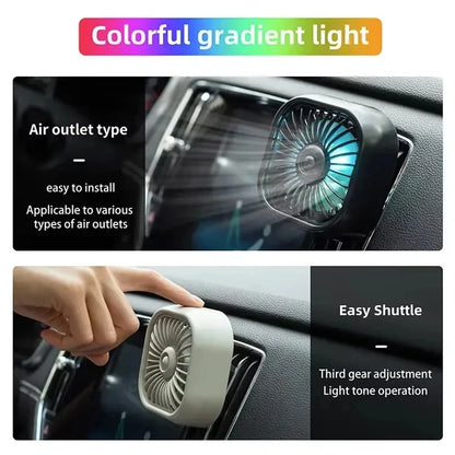 Mini Air Vent Car Fan with Colorful LED Lights, 3 Speed USB Cooling Fan with Soft Rubber Vent Clip, Black or White