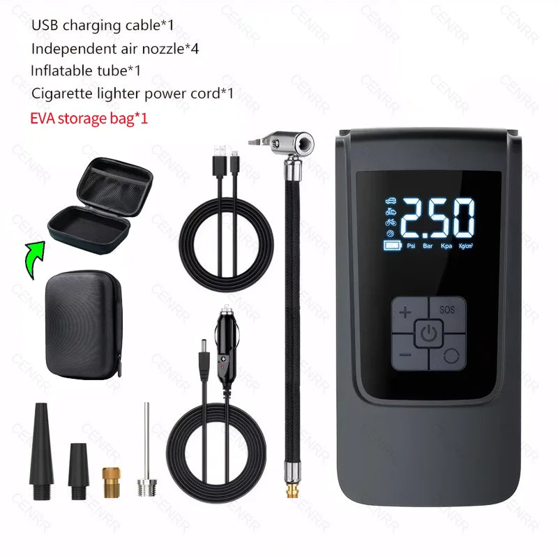 Tire inflator with 12V car cord, USB cable, air hose, nozzle adapters and EVA hard case