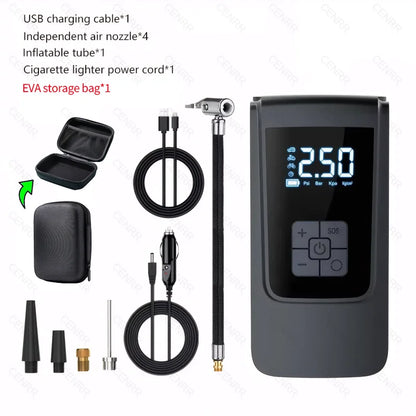 Tire inflator with 12V car cord, USB cable, air hose, nozzle adapters and EVA hard case