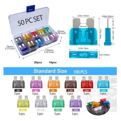 50-piece standard blade fuse kit in a clear case, 5 each from 2A to 35A