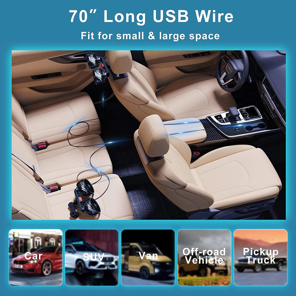 Dual Head Car Fan for Headrest, 3 Speed USB Seat Back Cooling Fan with Flexible Silicone Neck, 360 Degree Adjustable, 4 Colors