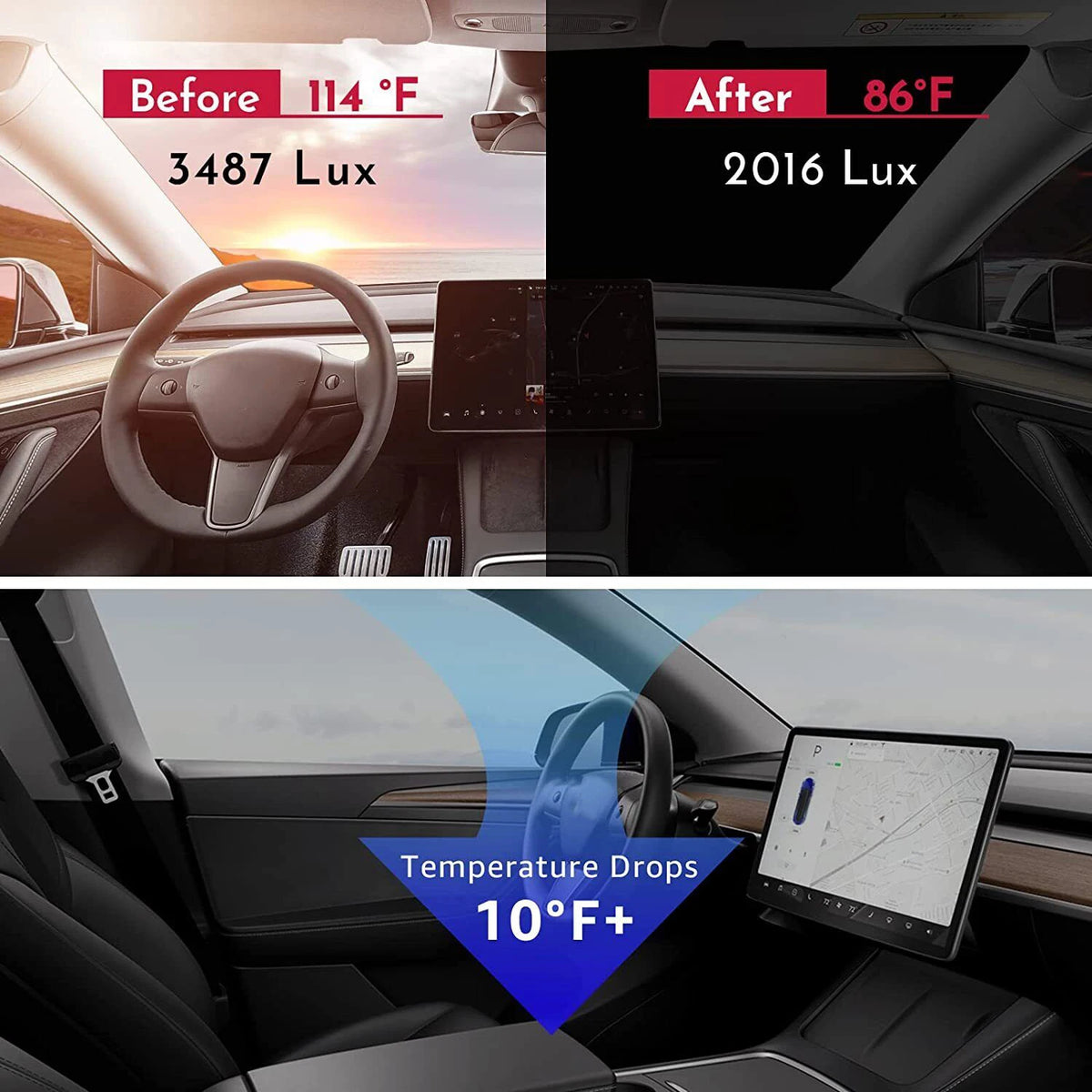 Windshield Sun Shade for Tesla Model Y 2020-2025 and Model 3 2017-2025, Foldable Polyester Front Shade, One Size