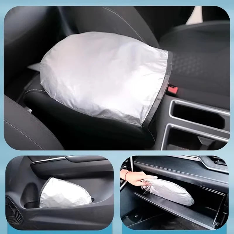 Folded sun shade stored in the car