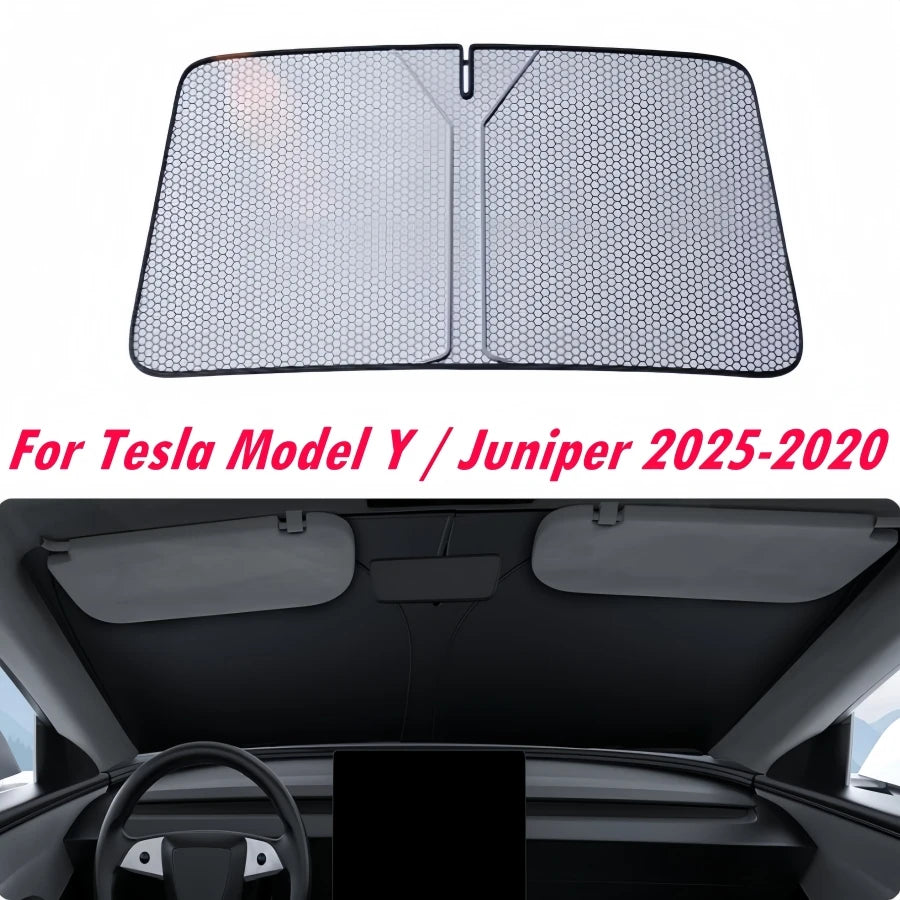 Windshield Sun Shade for Tesla Model Y 2020-2024 and Juniper 2025, Honeycomb Heat Insulation Layer, Foldable with Storage Bag