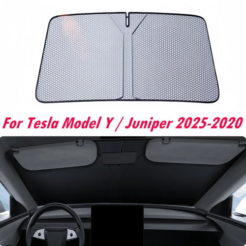 Windshield Sun Shade for Tesla Model Y 2020-2024 and Juniper 2025, Honeycomb Heat Insulation Layer, Foldable with Storage Bag