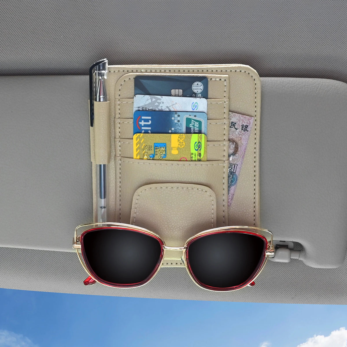 Multi-Pocket Car Visor Organizer — PU Leather Card & Glasses Storage