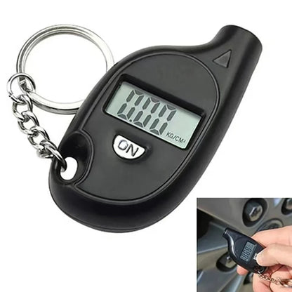 Keychain digital tire gauge with key ring, with an inset of it in use on a tire