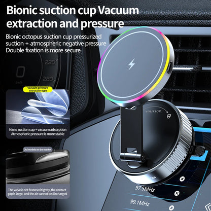 Magnetic Wireless Car Charger with Vacuum Suction Base, 15W Phone Mount with 360 Degree Rotation and RGB Light, 7 Models