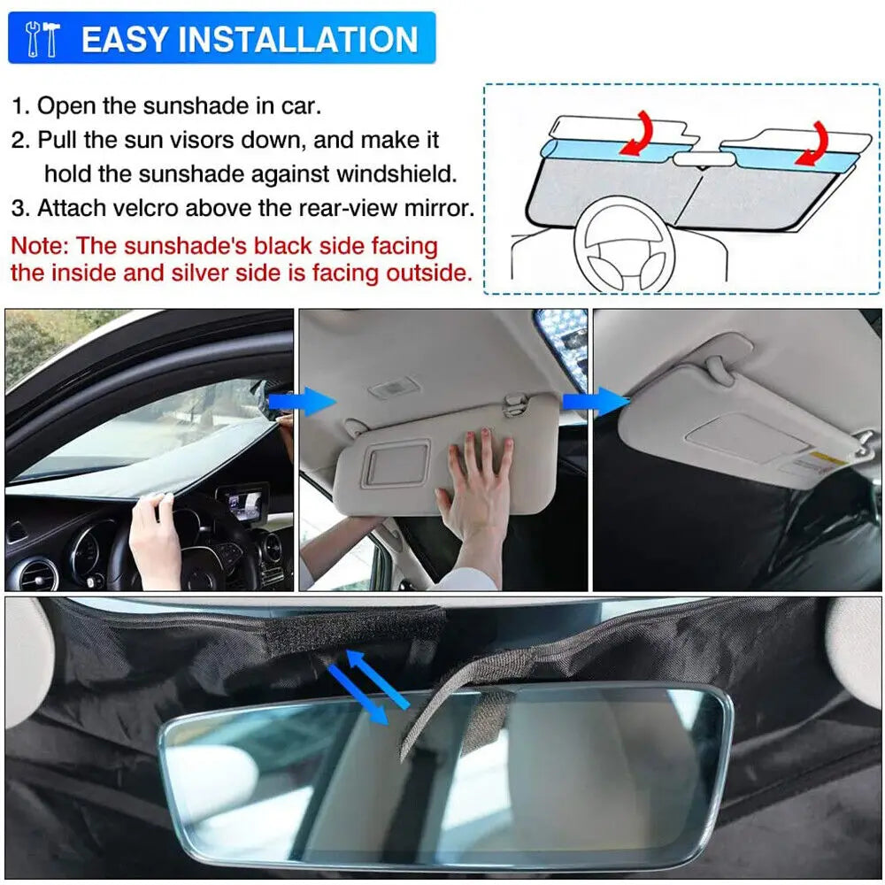Windshield Sun Shade for Tesla Model Y 2020-2025 and Model 3 2017-2025, Foldable Polyester Front Shade, One Size