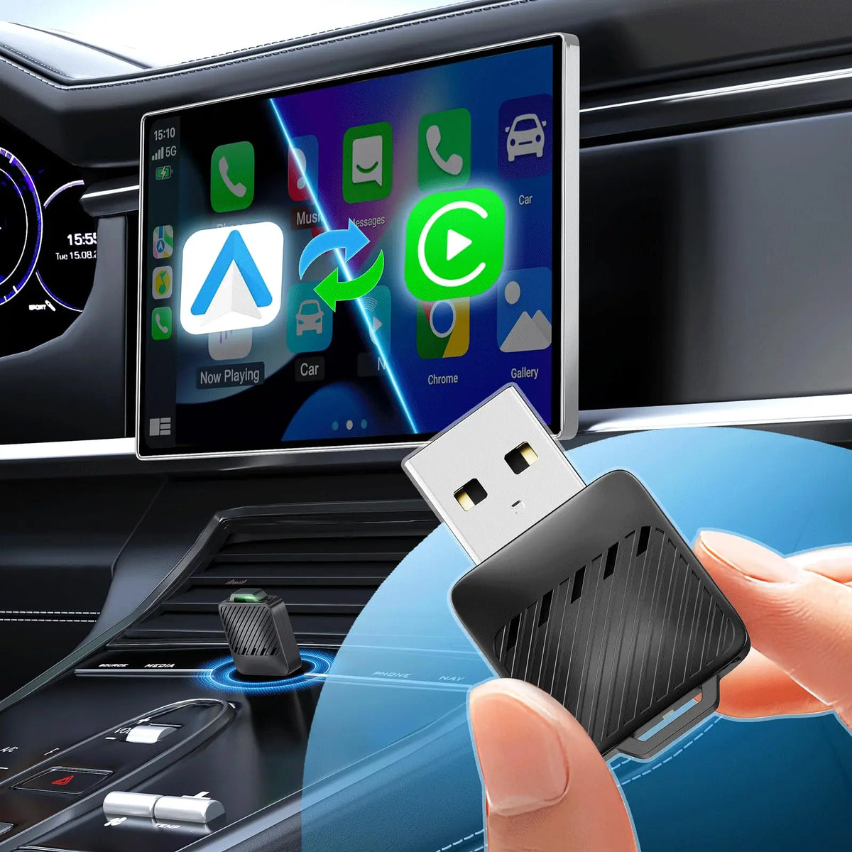 Mini Wireless CarPlay and Android Auto Adapter, 2-in-1 USB-A Dongle for Cars with Factory Wired CarPlay or Android Auto