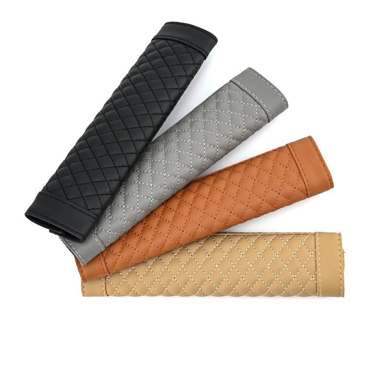 Embroidered Leather Seat Belt Shoulder Cover for Adults, Wear-Resistant with Anti-Slip Pads, Beige, Brown, Black or Gray