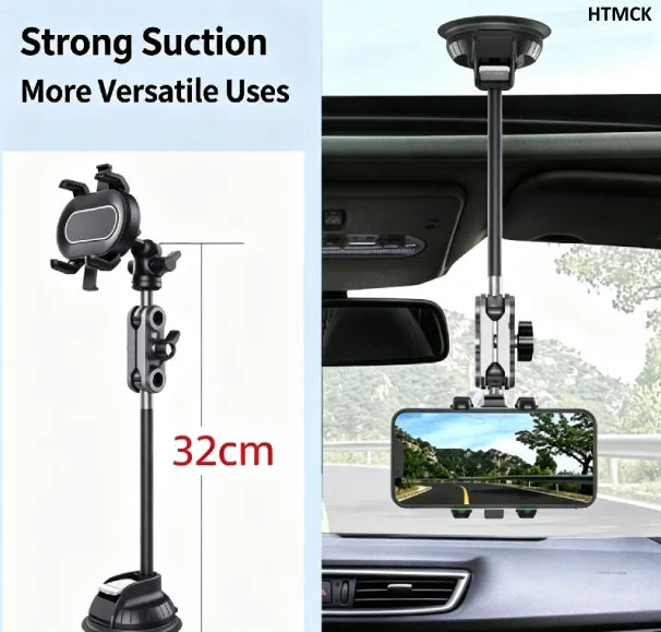 Suction Cup Car Phone Mount for Recording Drives, Adjustable Arm for Windshield, Side Window or Sunroof