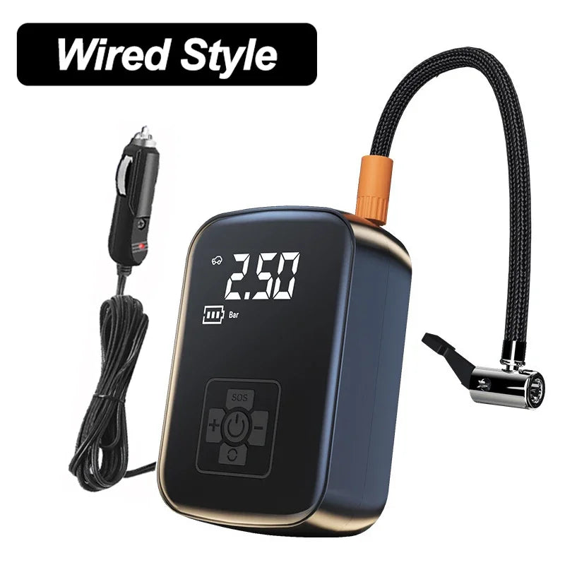 Corded style tire inflator with 12V car plug