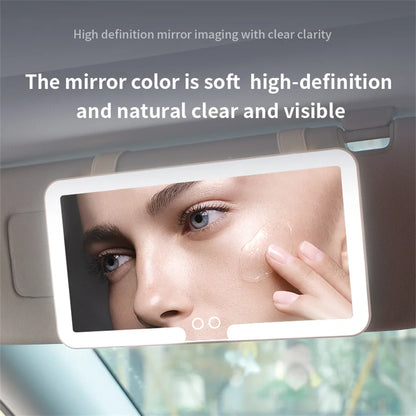 Car Sun Visor Vanity Mirror with LED Lights, Touch Control and Adjustable Brightness, Rechargeable, Elastic Strap Mount, White