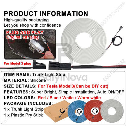 Trunk Light for Tesla Model 3 Highland 2024, LED Rear Trunk Ambient Light in Cool White, Warm White, Blue, Red or RGB