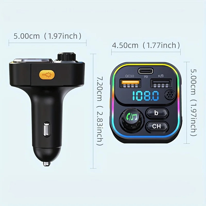 Bluetooth 5.3 FM Transmitter for Car, Hands-Free Calling, 20W USB-C PD and QC3.0 Fast Charging, USB Music Playback, Ambient Light
