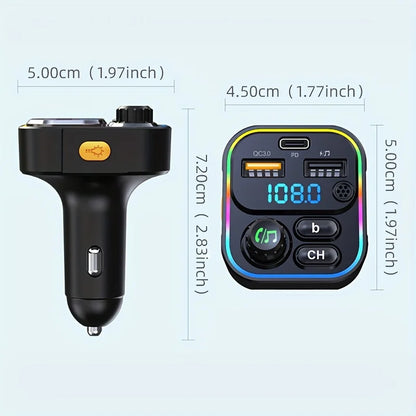 Bluetooth 5.3 FM Transmitter for Car, Hands-Free Calling, 20W USB-C PD and QC3.0 Fast Charging, USB Music Playback, Ambient Light