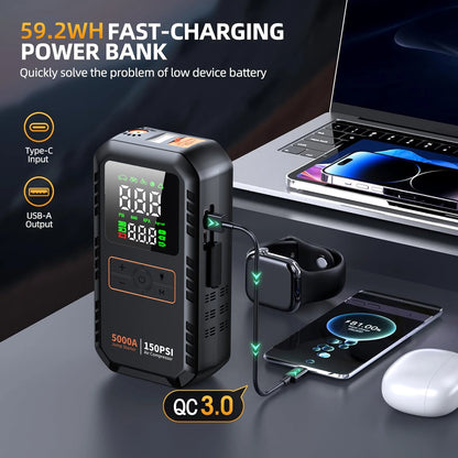 Jump starter used as a power bank to charge a phone, with USB-C input and USB-A output