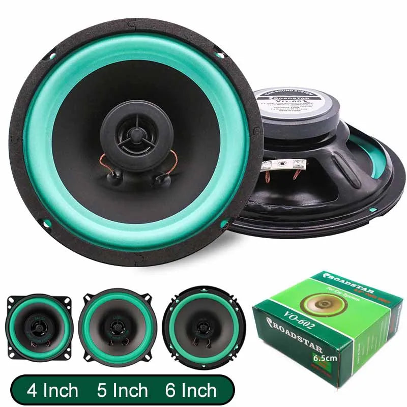 Coaxial car speakers with a teal ring in 4, 5 and 6 inch sizes