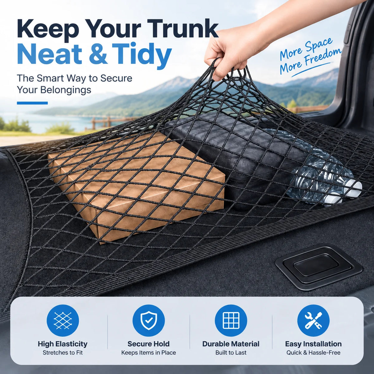 Trunk Cargo Net for Toyota RAV4 2019-2025, Single or Double Layer Elastic Nylon Mesh with Buckles for Trunk Anchor Points