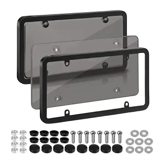 Two black license plate frames with dark smoke covers and screw kit