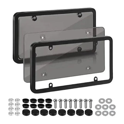 Two black license plate frames with dark smoke covers and screw kit