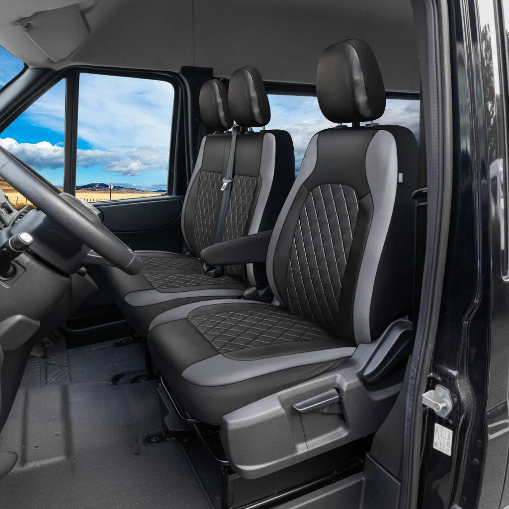 Front Seat Covers for Vans and Trucks, 1+2 Set for Driver Seat and Double Passenger Bench, Quilted Faux Leather, 4 Colors