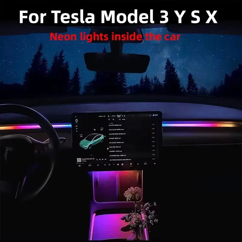 Dashboard Ambient Light Kit for Tesla Model 3 and Model Y, RGB Fiber Optic Strips with App Control and Music Sync, Optional 4 Footwell Lights