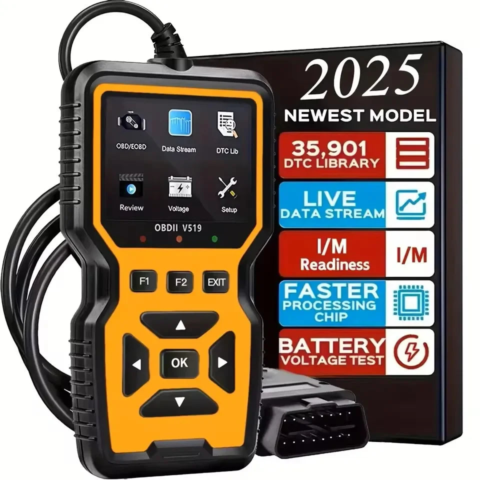 Orange OBD2 scanner with its box