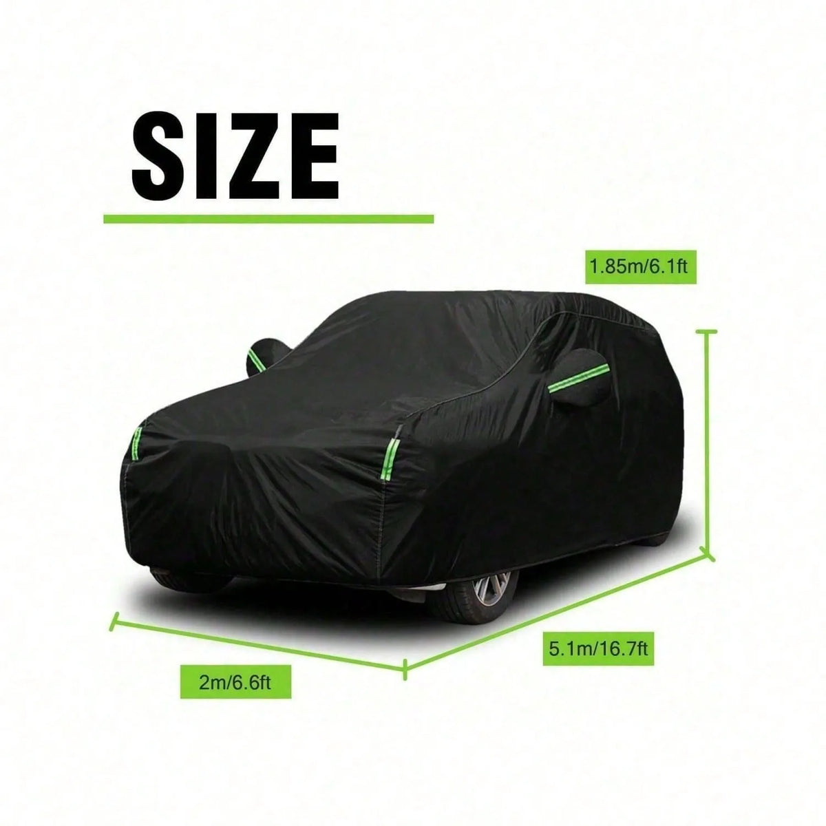 SUV car cover dimension diagram showing length, width and height