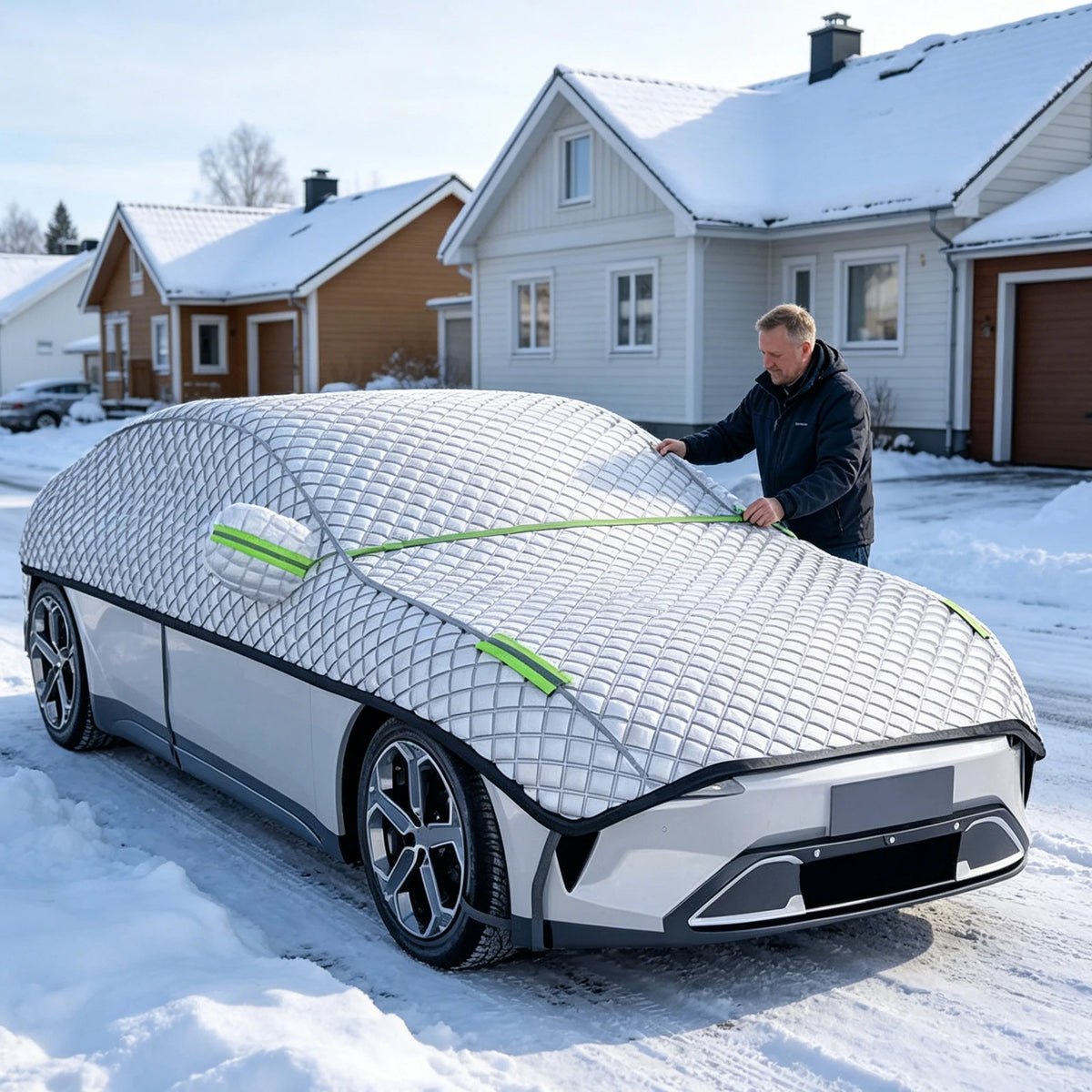 Quilted silver top cover over the roof and windows of a car in the snow